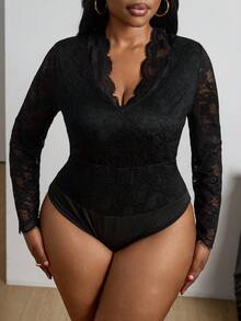 SHEIN PETITE CURVE Plus Size Contrast Lace Scallop Trim Lace Bodysuit - Black - View 3