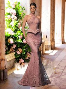 Glamrae Đầm đuôi cá sang trọng, thanh lịch với chất liệu ren và hạt cườm, thiết kế phối ghép, chất liệu co giãn, hở lưng gợi cảm, phù hợp cho đám cưới, tiệc tùng, lễ hội, dạ hội, tiệc tối, ngày Valentine. - Bụi hồng - Xem 6