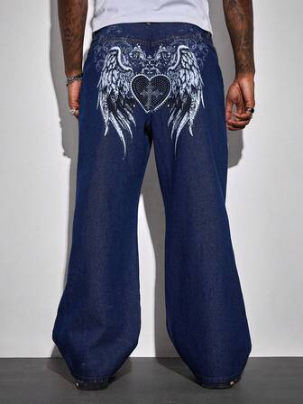 Street Life Jeans casuales holgados con pernera acampanada y bolsillo con gráfico de ala en color oscuro para hombre