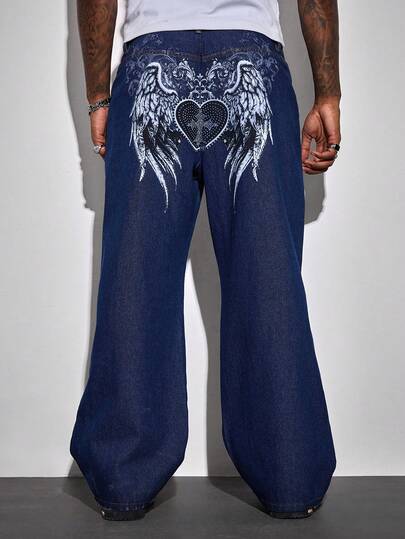 Street Life Jeans décontractés à jambe évasée avec poche graphique aile de couleur sombre pour hommes