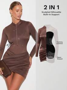 Nuvra 女式长袖紧身双层塑身连衣裙，带衬里，收腰，提臀，迷你瘦身连衣裙 - 棕色 - 查看 1
