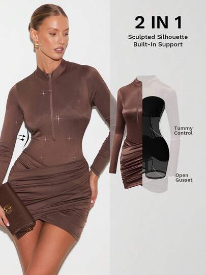 Nuvra Đầm định hình hai lớp dài tay dành cho nữ có lớp lót, bó eo, nâng mông, đầm ôm dáng mini