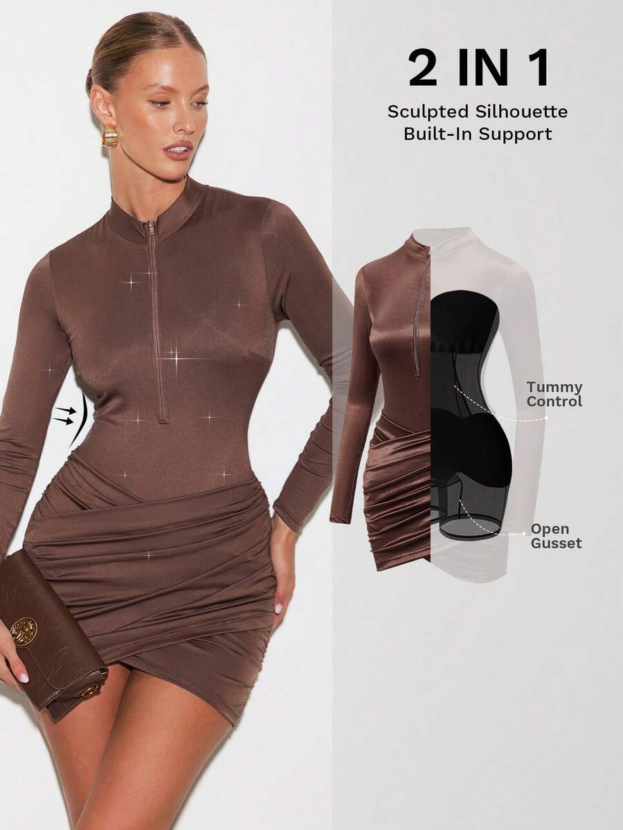 Nuvra 女式长袖紧身双层塑身连衣裙，带衬里，收腰，提臀，迷你瘦身连衣裙 - 棕色 - 查看 1
