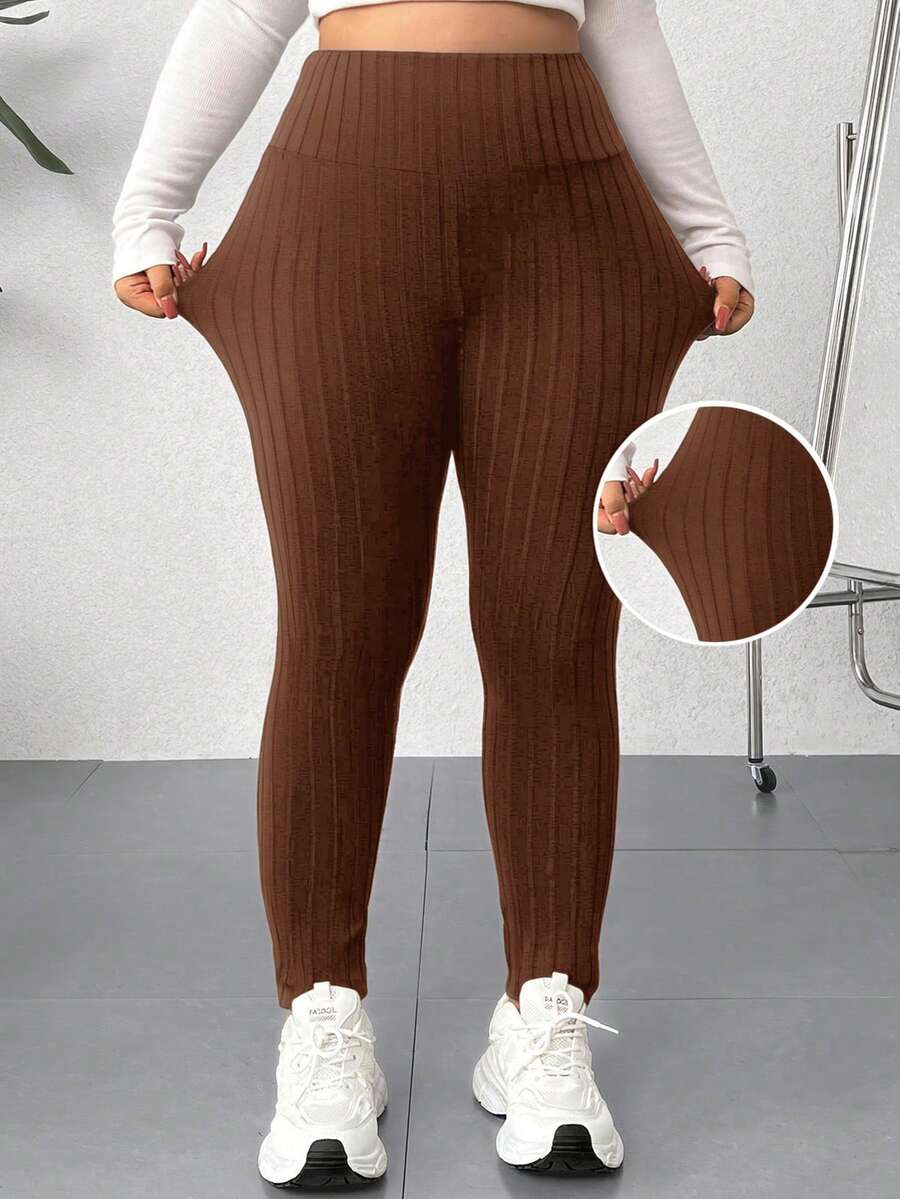 SHEIN EZwear Plus Size Women Solid Color Elastic Waist Casual Ribbed Leggings/Winter - Brown - View 1