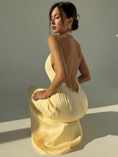 Aloruh Women's Solid Color Contrast Lace Elegant Halter Dress