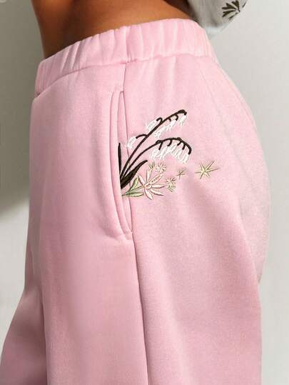 Athîral 女士花卉刺绣弹力腰带口袋阔腿宽松休闲裤