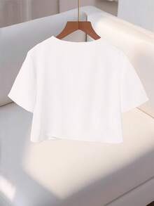 Franclia Fashionable High-End Round Neck Short Sleeve Button-Up Blouse For Women - White - View 2
