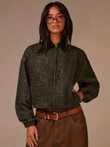 Athîral 女士休闲豹纹拉链前开襟落肩长袖口袋牛仔外套 - 彩色 - 查看 4