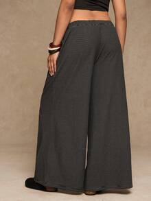 Freevana Plus Size Casual Soft Fleece Striped Wide Leg Pants, Versatile For Daily Wear - Black - View 2