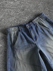 ROMWE MEN Street Life Men's Light Blue Punk Fashion Belted Loose Fit Retro Curved Casual Jeans - Dark Wash - View 3