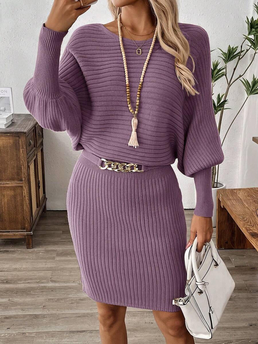 SHEIN LUNE 女士纯色灯笼袖罗纹针织毛衣连衣裙 - 紫色 - 查看 1