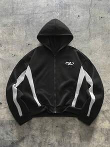 AXEPEAK Men's Contrast Color Geometric Print Zip-Up Hoodie - Black - View 1