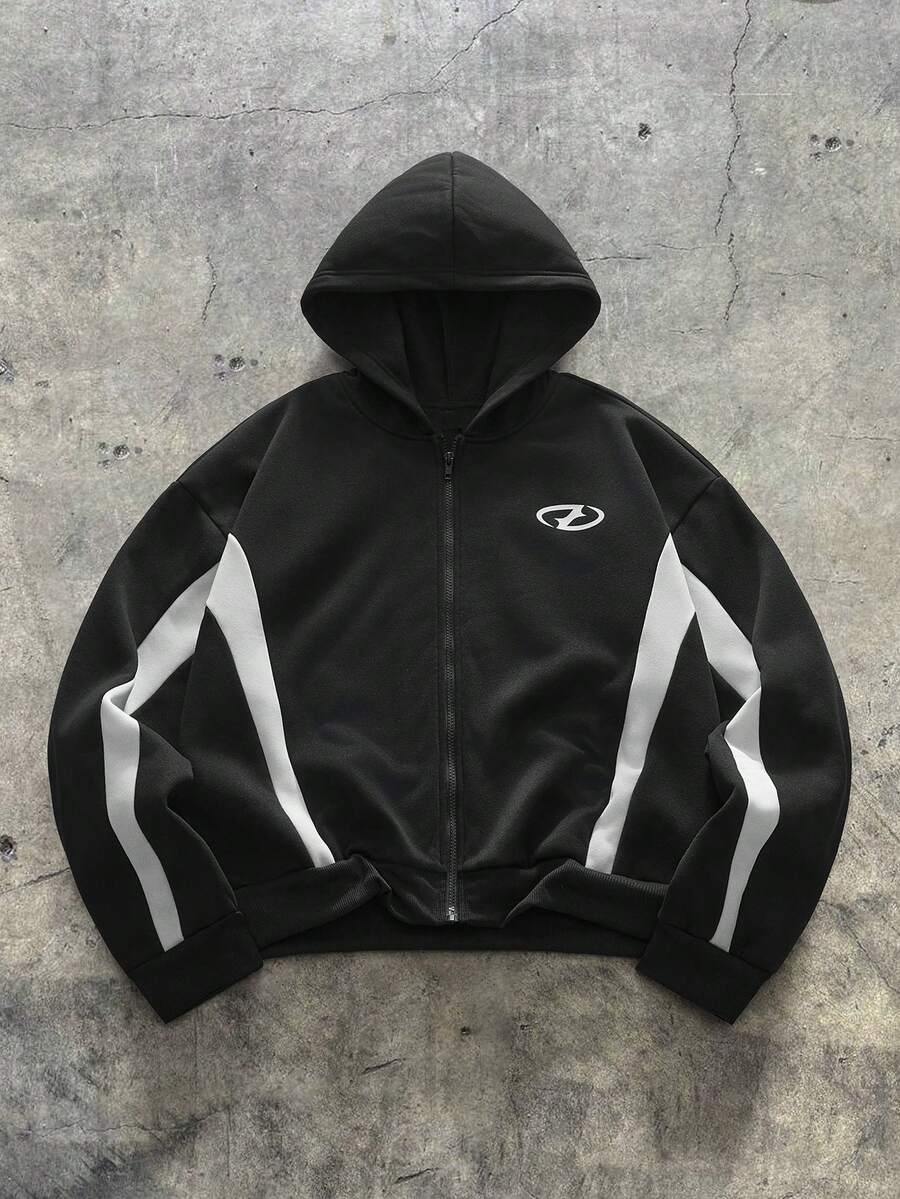 AXEPEAK Men's Contrast Color Geometric Print Zip-Up Hoodie - Black - View 1