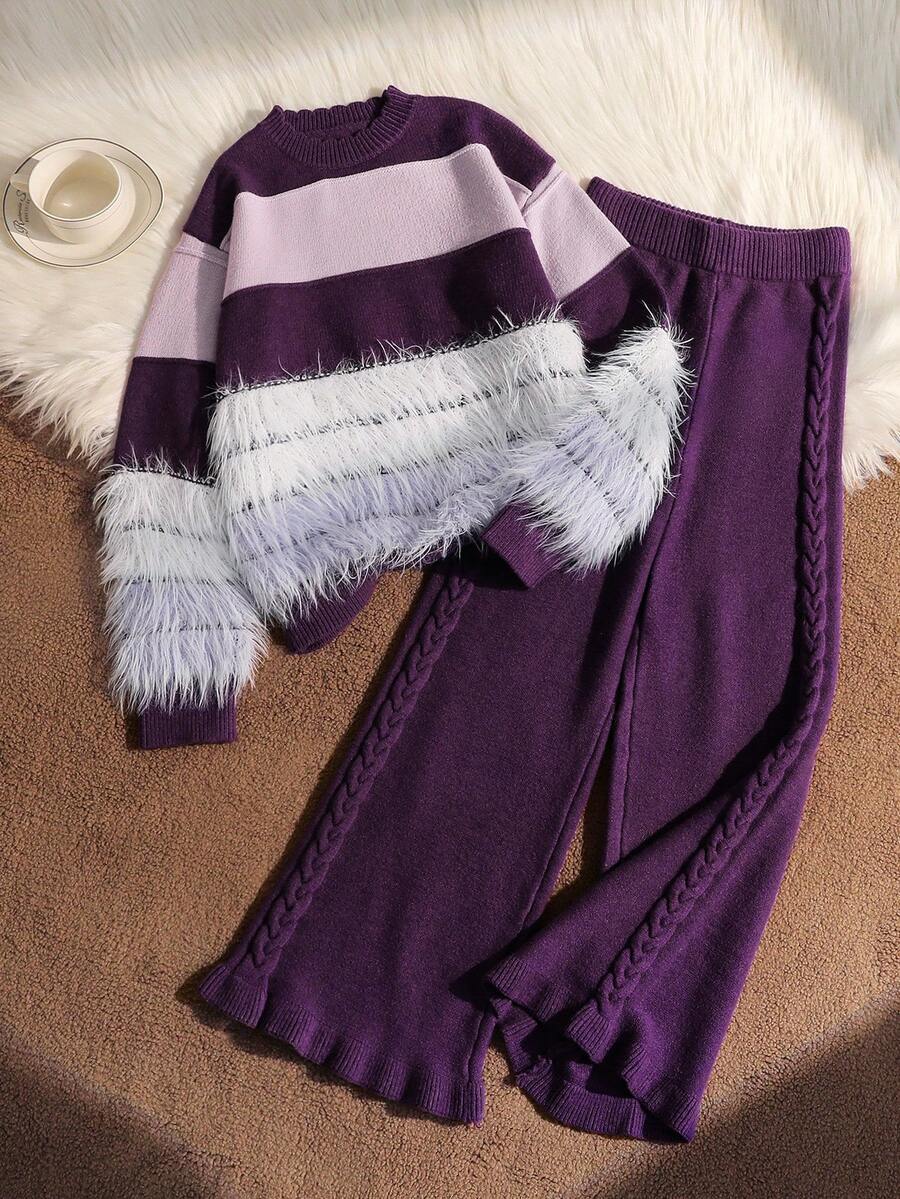 Elladie kids Conjunto de 2 peças para meninas: suéter de tricô felpudo e calça com babados na barra, ideal para outono/inverno. - Roxa - Ver 1