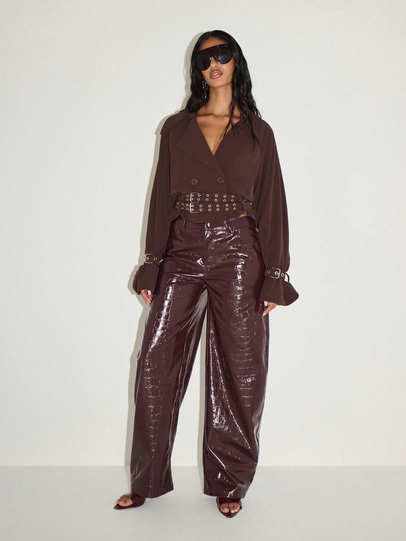 KIZN Cropped Double-Breasted Trench Coat With Buckle Details