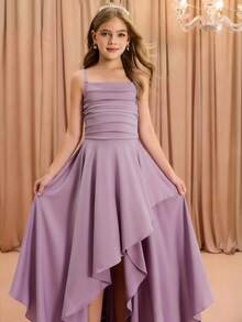 Tween Girls' Elegant Fashion Luxurious Spaghetti Strap Criss-Cross Shoulder Sleeveless High Waist Cinched Waist Flared Hem Long Asymmetrical Hem Design Solid Satin Shiny Fabric High-End Christmas, Graduation, Party, Halloween Dress - Purple - View 5