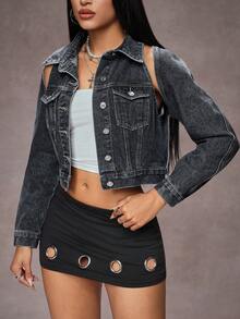 Jeanoix 女士镂空二合一长袖单排扣休闲牛仔外套 - 黑色 - 查看 3