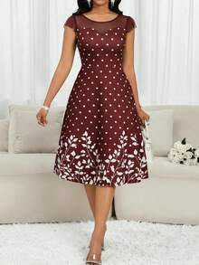 SHEIN Lady Váy dự tiệc chấm bi tay bay phối lưới đan chéo mùa xuân hè - Màu Đỏ Sâu - Xem 6