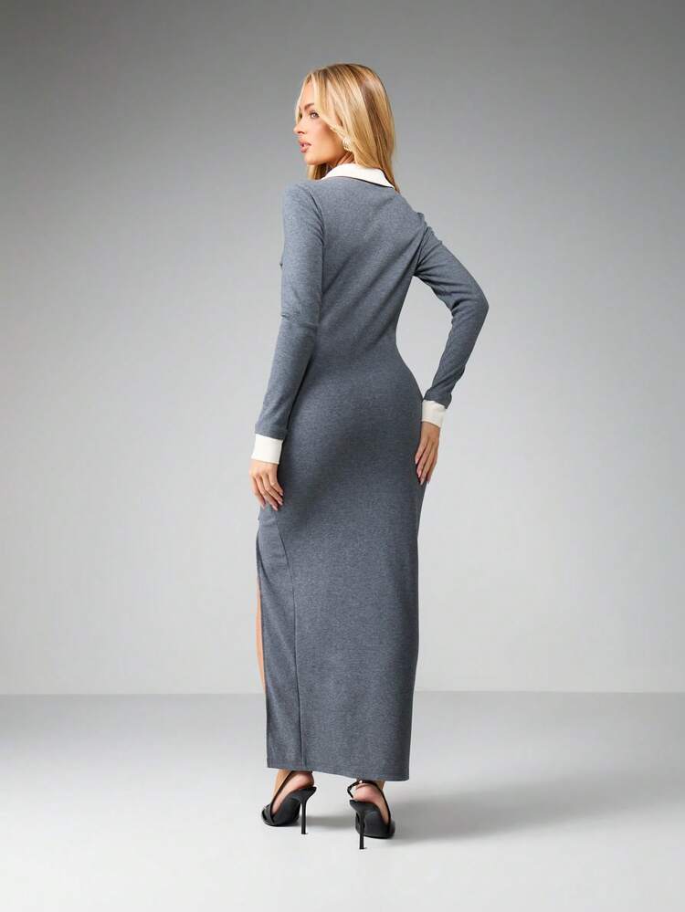 MISSGUIDED Long Sleeve Bodycon Midi Dress With Contrast Collar Button Front Knit Sweater Dress