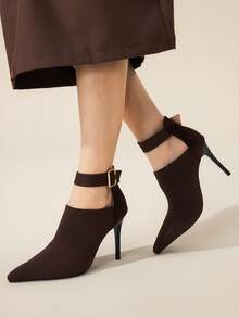 CUCCOO BASICS Damen Mode Kaffeefarbe Knöchelriemen Strickstoff Spitzschuh Stiletto Absatz Knöchel Stiefel, sexy für Dates, Partys, festliche Anlässe zu Weihnachten - Kaffeebraun - Übersicht 6