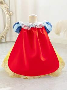 Glamorique Kids 女婴公主裙，黄色公主裙，泡泡袖，黄色薄纱蓬蓬裙，生日派对，婚礼，节日正式礼服，派对服装，蝴蝶结，蕾丝，丝带，优雅正式礼服，金色水溶性蕾丝，红色披肩，中东，欧洲和美国 - 藍色 - 查看 3