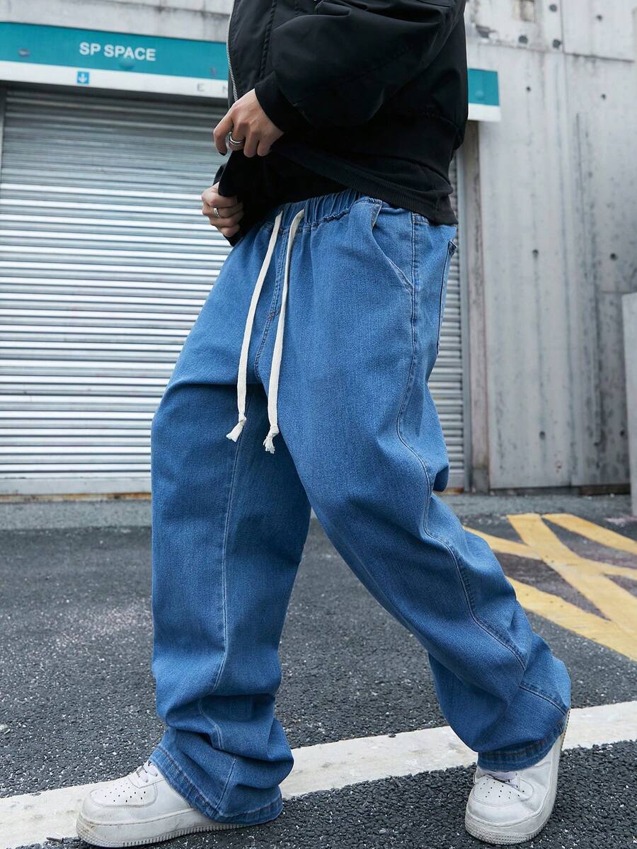 Manfinity Hypemode 加大码男士宽松休闲美式弹力腰带牛仔裤，带口袋 - 藍色 - 查看 1