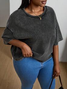 SHEIN PETITE CURVE Plus Size Short Sleeve Washed Cotton T-Shirt, Spring Crop Tops - Black - View 5