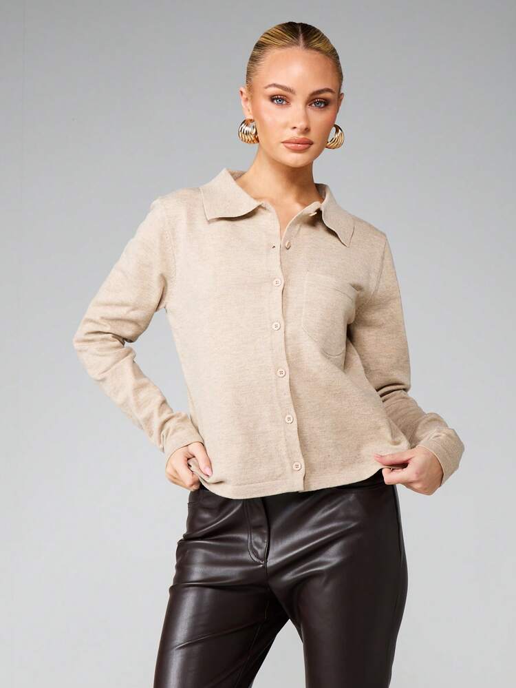 MISSGUIDED Koszula z dzianiny kardigan z długim rękawem i guzikami z przodu. Dzianinowy top z kołnierzykiem. Jesienno-zimowy niezbędnik.