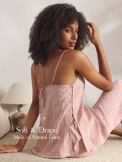 Ocili 亚麻条纹吊带背心和裤子睡衣套装，舒适女士休闲家居服，时尚秋季