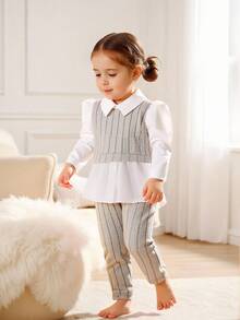 SHEIN Bộ áo sơ mi cổ bẻ tay dài và quần dài màu hồng phối gân cho bé gái - Màu be - Xem 1