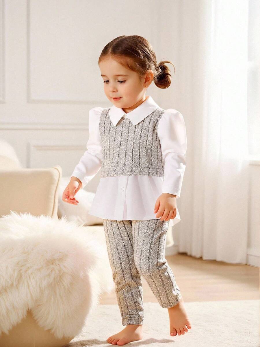 SHEIN Bộ áo sơ mi cổ bẻ tay dài và quần dài màu hồng phối gân cho bé gái - Màu be - Xem 1