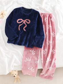 Tween Mädchen Pyjama Set, Flanell Schleife & Herz Muster Nachtwäsche, bestickte Schleife Rundhals Langarm Top kombiniert mit Hose mit durchgehendem Schleifen Muster, weich & gemütlich, wolkengleicher Komfort, perfekt für Weihnachten, Valentinstag, Geburtstag, Geschenke für beste Freundinnen - marineblau - Übersicht 1