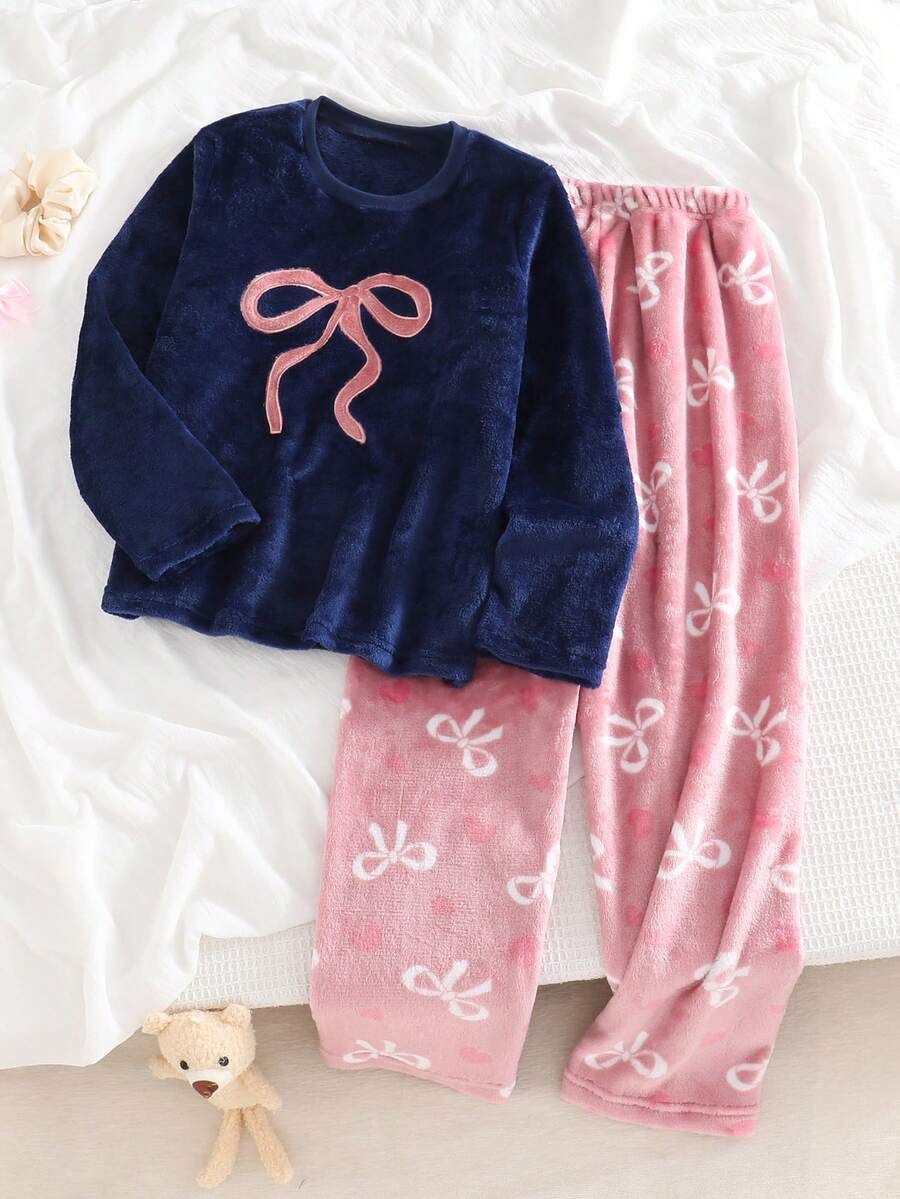 Tween Mädchen Pyjama Set, Flanell Schleife & Herz Muster Nachtwäsche, bestickte Schleife Rundhals Langarm Top kombiniert mit Hose mit durchgehendem Schleifen Muster, weich & gemütlich, wolkengleicher Komfort, perfekt für Weihnachten, Valentinstag, Geburtstag, Geschenke für beste Freundinnen - marineblau - Übersicht 1