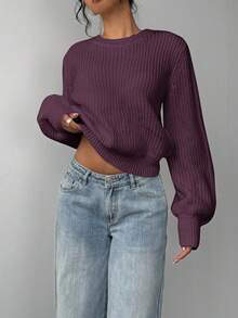 SHEIN BASICS Maglione casual da donna a girocollo, tinta unita, manica lunga, autunno/inverno - Viola - Visualizzare 3