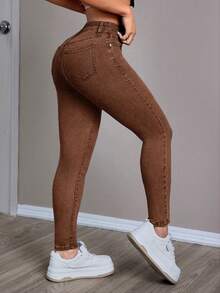 SHEIN PETITE Women's Solid Color Minimalist Everyday Jeans ,Petite Women - Coffee Brown - View 2