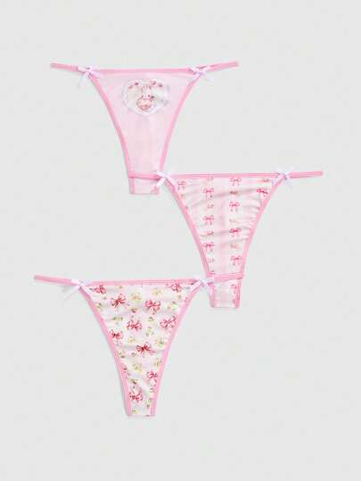 Kawaii 3pcs/Set Kawaii Bow, Floral, Rabbit & Cherry Printed Bow Women's Himekaji G-String Panties