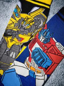 Transformers X SHEIN 2雙 Autobots 男士休閒中筒襪，柔軟透氣吸濕排汗，時尚酷炫卡通黃藍配色，加強腳趾與腳跟耐穿，四季百搭，適合夏冬，圖案襪，送禮首選 - 彩色 - 查看 3