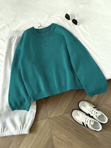 Elamini Women's Casual Solid Color Pullover Sweater, Autumn/Winter - Teal Blue - View 3