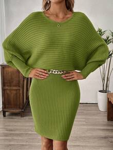 SHEIN LUNE 女士纯色灯笼袖罗纹修身针织连衣裙 - 綠色 - 查看 4