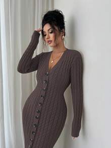 Elenzga Women's Elegant Single-Breasted Belted Fitted Knit Dress - Coffee Brown - View 4