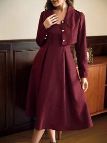 Vintamour Conjunto vintage elegante de 2 piezas para dama, vestido de tirantes con cuello cuadrado y línea A, y chaqueta corta de manga larga, con decoración de botones de perlas falsas - Burdeos - Ver 2