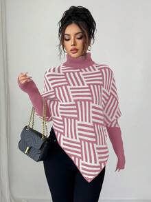 Selianne Women's Elegant High Neck Geometric Textured Poncho Sweater, Colorblock, Suitable For Home & Travel, Spring/Autumn - Baby Pink - View 4