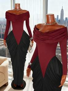 Franclia 黑白撞色褶皱腰身优雅女装 - 酒紅色 - 查看 1