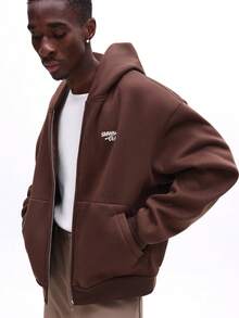 Bluza męska SUMWON o prostym kroju, z kapturem i małym logo, luźna, swobodna, uliczna, jesienno-zimowa, gładka - Kawowy brązowy - Zobacz 4