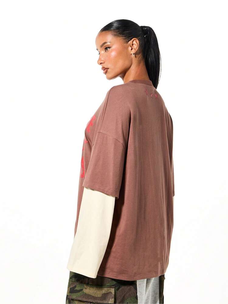 SUMWON WOMEN Oversized Faux Layer Graphic Long Sleeve Tee