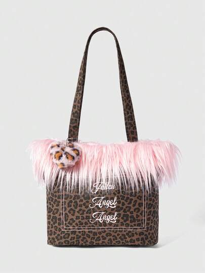 Kawaii 25 Stücke Plüsch Buchstaben Leoparden Muster Tragetasche für Frauen, große Kapazität Schultertasche mit Herz-förmigem Anhänger, Herbst/Winter