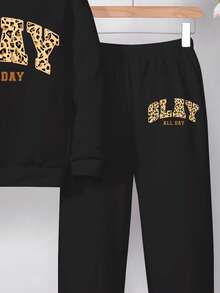 SHEIN Leap Crew 两件套少女复古豹纹印花休闲宽松圆领卫衣和运动裤，打造返校街头风，秋冬季舒适百搭，适合休闲、校园、户外、街头等各种场合。 - 彩色 - 查看 7