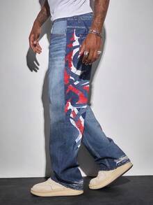 ROMWE MEN Street Life Jeans casuales rectos y holgados con estampado geométrico en el bolsillo para hombres - Azul - Ver 6