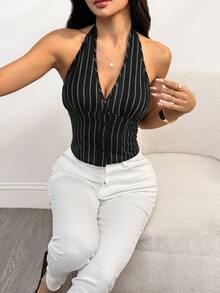 SHEIN PETITE Women Cotton Striped Stand Collar Single-Breasted Vest Thin Blazer In Fall/Winter - Black - View 11