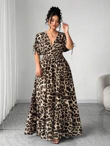 Elenzga Đầm Maxi Dài Tay Ngắn Xòe Eo Thanh Lịch Cổ Chữ V Họa Tiết Da Báo Cỡ Lớn Cho Nữ - màu nâu - Xem 5